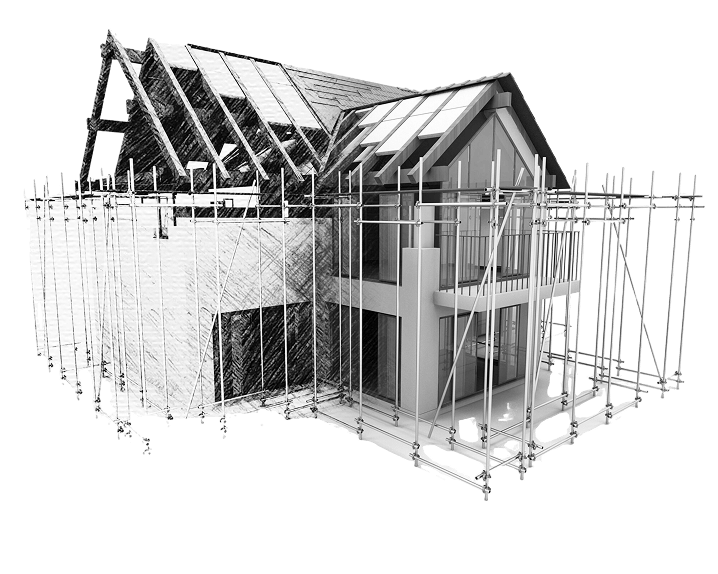 3D rendered house under construction with scaffolding around it and partially completed roof and walls.