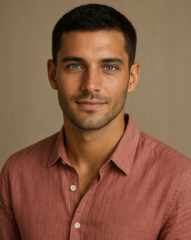 Portrait of a man with short dark hair and blue eyes, wearing a reddish button-up shirt against a plain beige background.