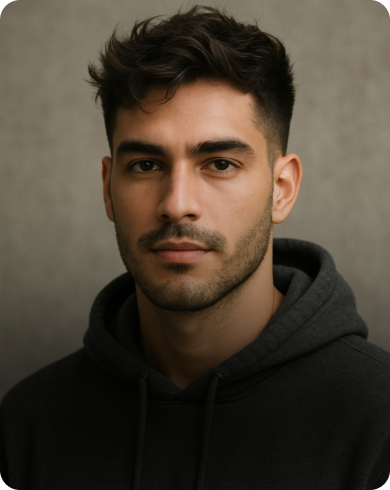 Portrait of a young man with short dark hair and slight facial hair wearing a dark hoodie against a plain neutral background.