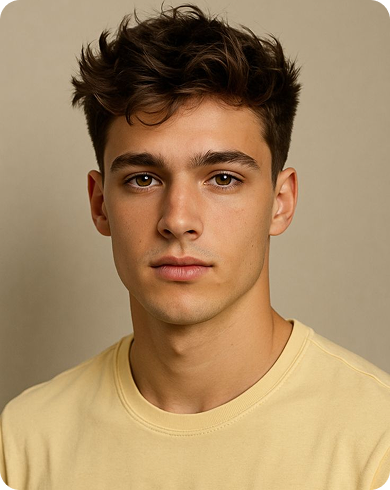 Portrait of a young man with brown hair and hazel eyes wearing a pale yellow shirt against a beige background.