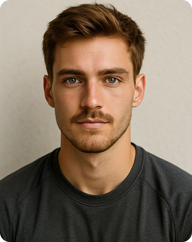 Portrait of a young man with light brown hair and blue eyes wearing a dark gray shirt against a neutral background.