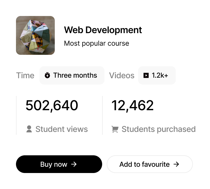 Course information card for Web Development showing it is the most popular course with three months duration, over 1.2k videos, 502,640 student views, and 12,462 students purchased, with buttons to buy now or add to favourite.